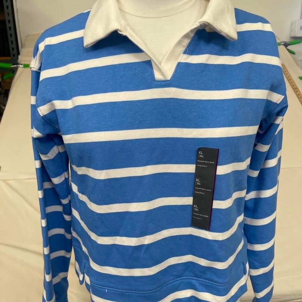 Blue & white striped long sleeve polo shirt